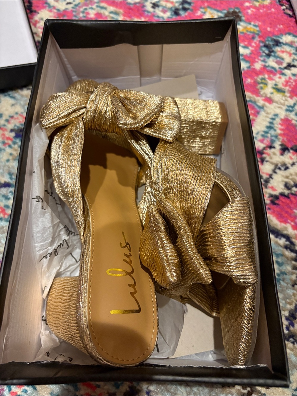 Lulu's Metallic Gold Knot Block Heel Sandals